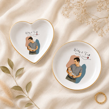 Personalized Baby With Dad Sketch Doodle Trinket Dish with Custom Text, First-Time Dad Keepsake Gift