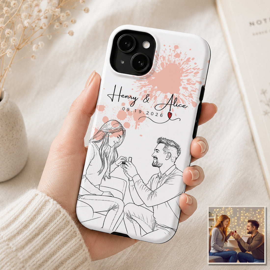 Tough Phone Case for iPhone & Samsung, Personalized Engagement Anniversary Detailed Line Art Case with Custom Text