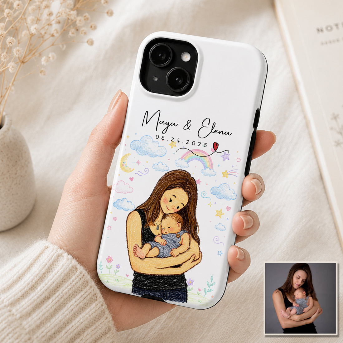 Tough Phone Case for iPhone & Samsung, Personalized Baby With Mom Crayon Doodle Photo Case with Custom Text