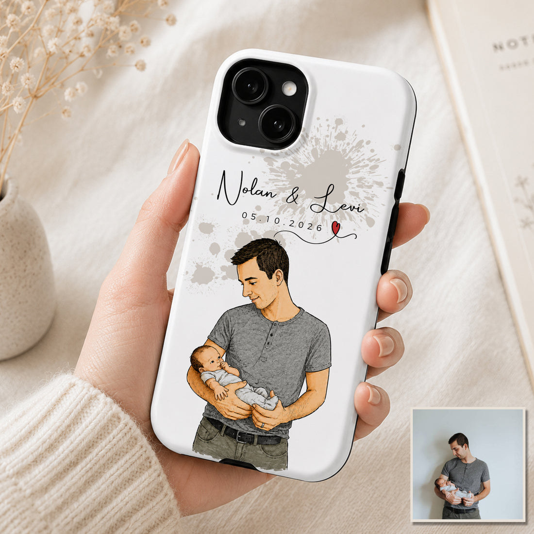 Tough Phone Case for iPhone & Samsung, Personalized Baby With Dad Sketch Doodle Photo Case with Custom Text