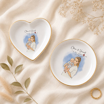 Personalized Baby With Mom Watercolor Doodle Trinket Dish with Custom Text, First-Time Mom Keepsake Gift