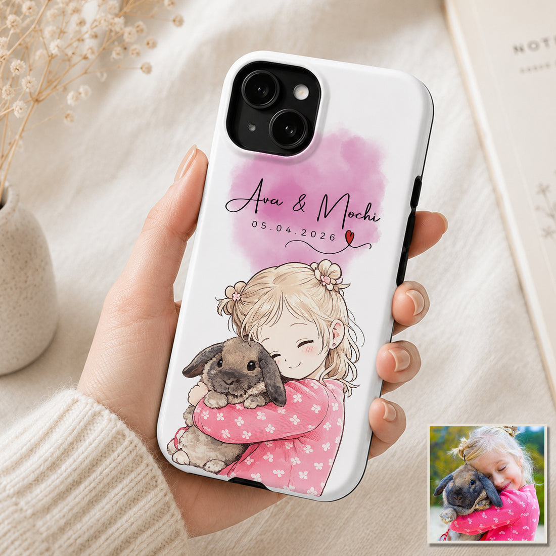 Tough Phone Case for iPhone & Samsung, Custom Pet and Owner Photo Anime Illustration Phone Case with Personalized Text
