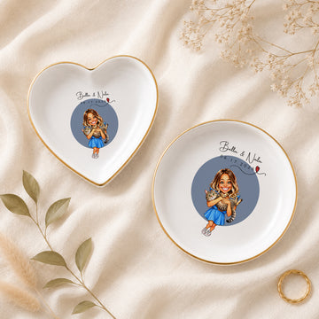 Personalized Pet and Owner Caricature Trinket Dish with Custom Text, Funny Pet Lover Jewelry Keepsake Gift