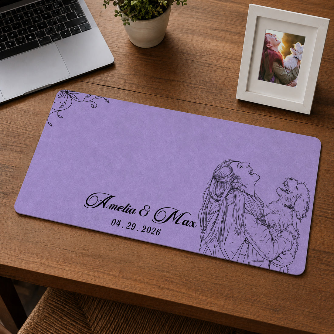 Custom Pet and Owner Photo Detailed Line Art Desk Mat with Personalized Text, Personalized Pet Portrait Desk Pad Gift