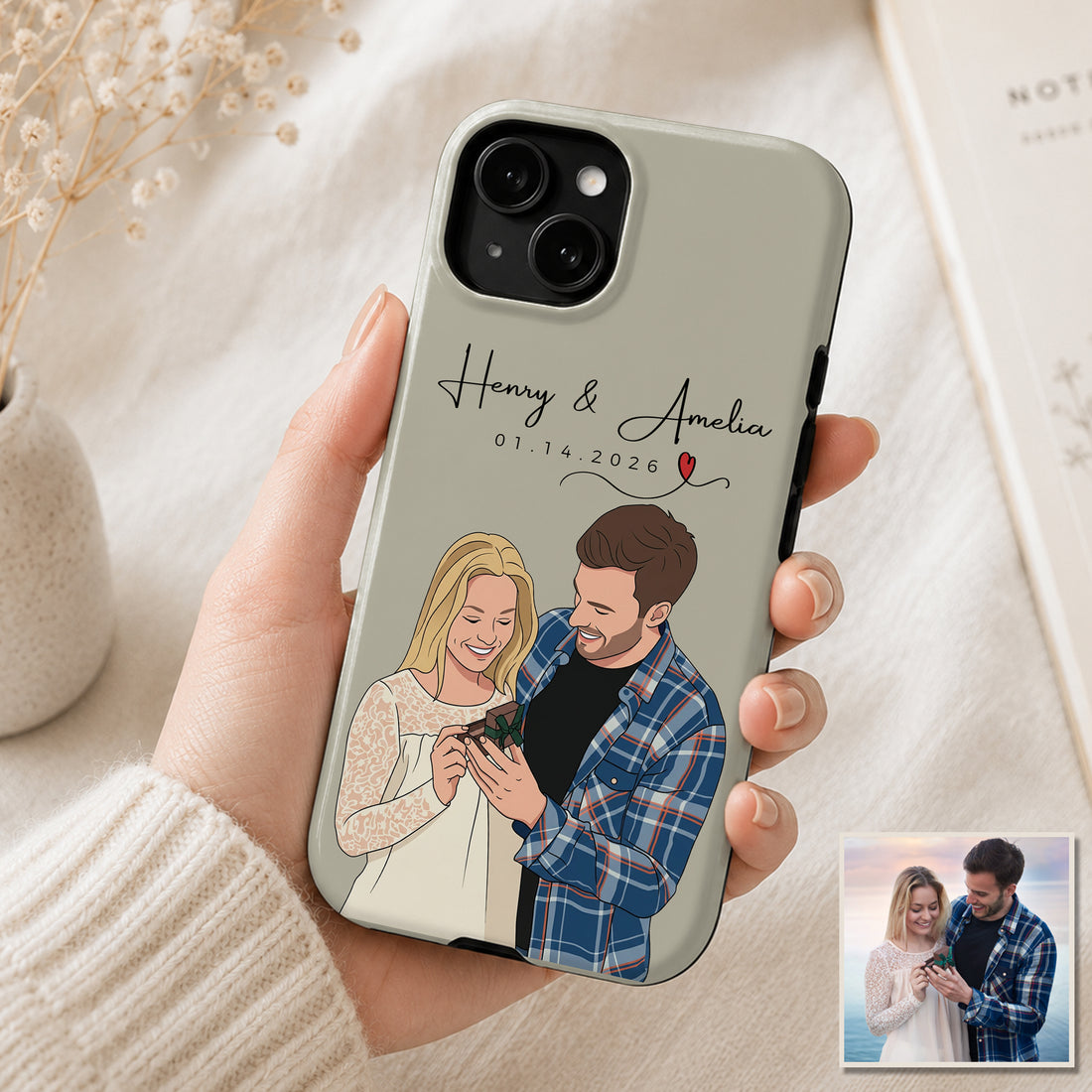 Tough Phone Case for iPhone & Samsung, Personalized Young Couple Photo Illustration Case with Custom Text