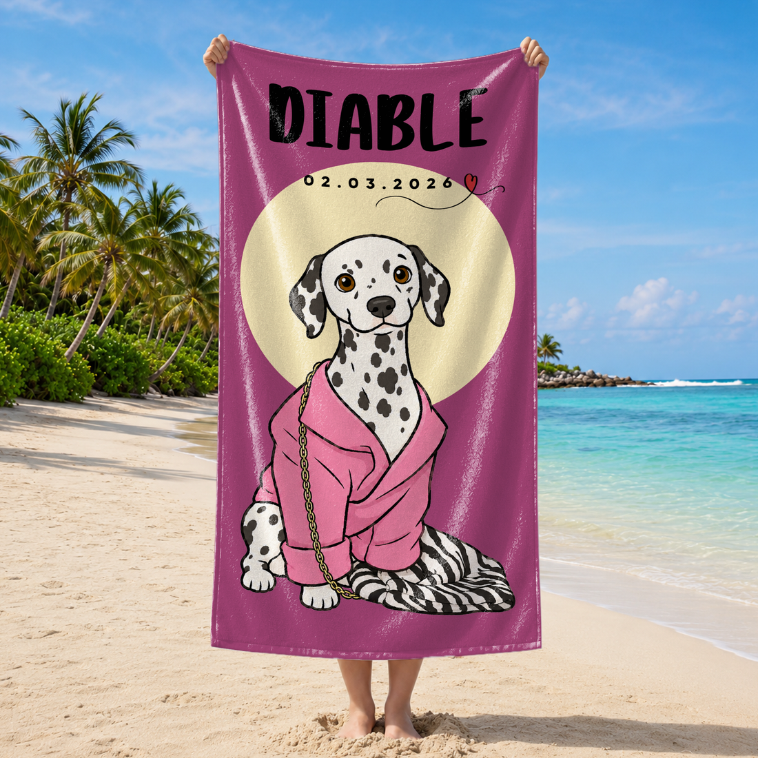 Custom Pet Funny Doodle Beach Towel with Personalized Text, Cute Dog or Cat Photo Summer Gift