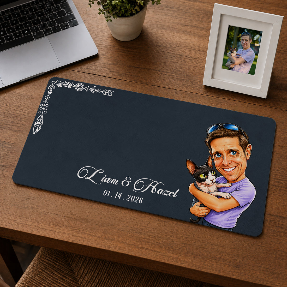 Custom Pet & Owner Photo Caricature Desk Mat with Personalized Text, Funny Pet Lover Desk Pad Gift