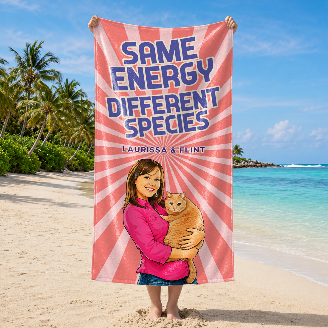 Personalized Pet and Owner Pop Art Beach Towel with Custom Text, Bold Summer Gift for Pet Lovers