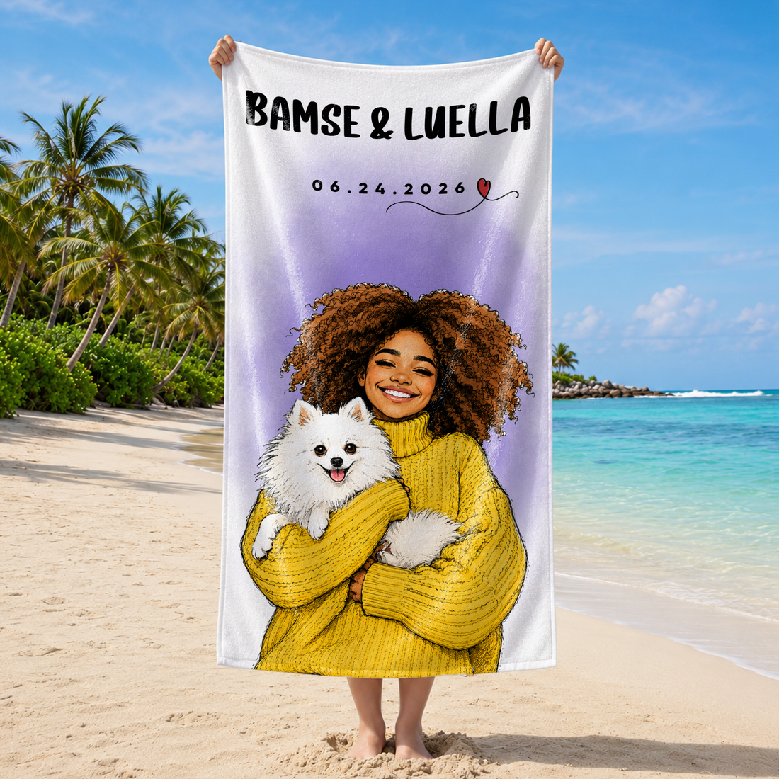 Personalized Pet Owner Sketch Doodle Beach Towel with Custom Text, Custom Pet Portrait Summer Gift