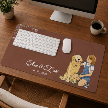 Custom Dog & Owner Photo Watercolor Doodle Desk Mat with Personalized Text, Cute Dog Lover Desk Pad Gift