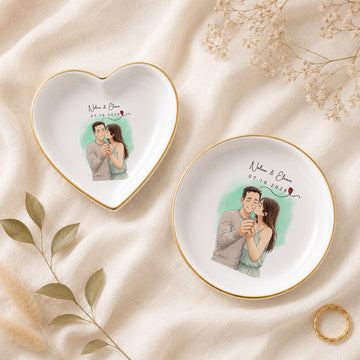 Personalized Engagement Wedding Couple Anime Illustration Trinket Dish with Custom Text, Romantic Anniversary Keepsake Gift