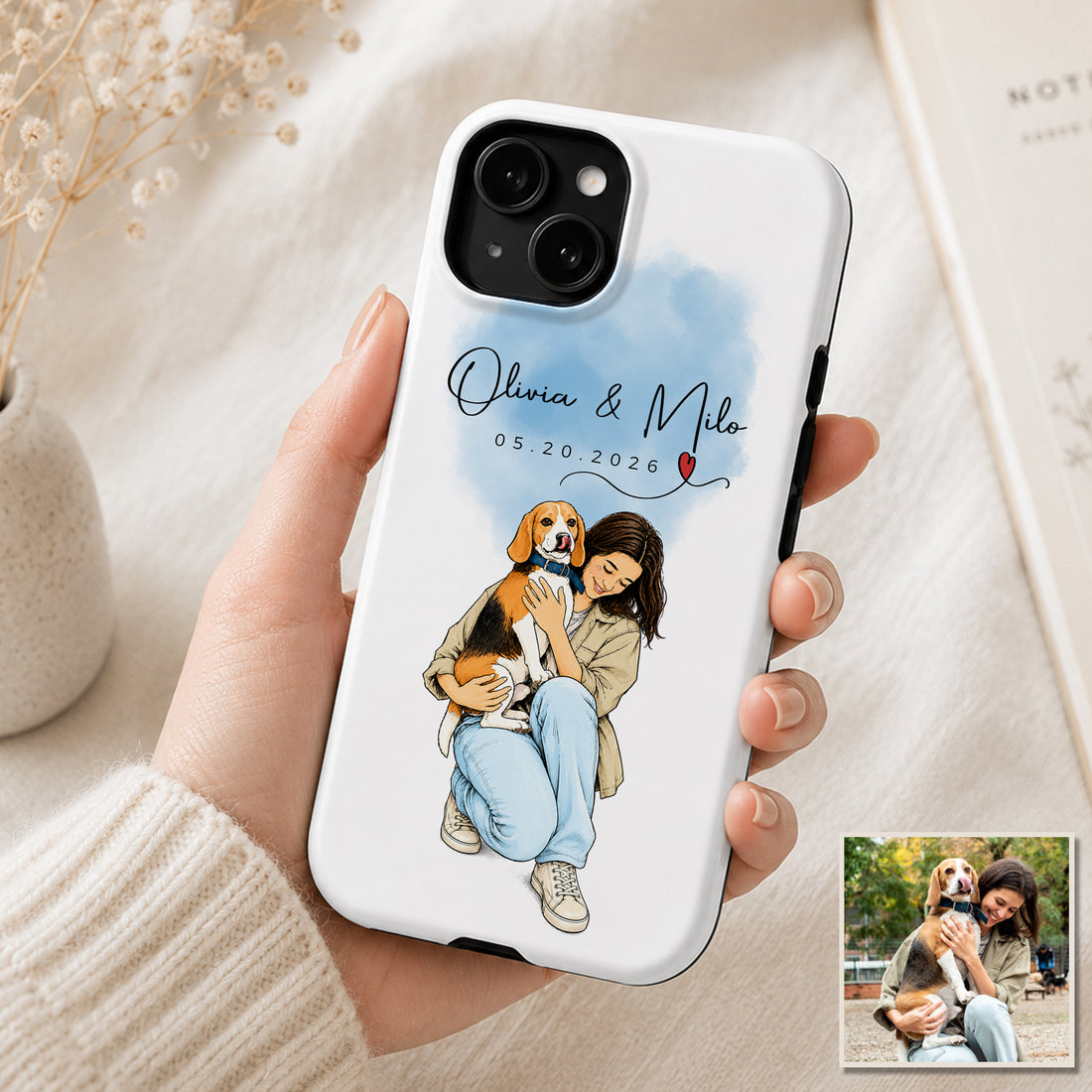 Tough Phone Case for iPhone & Samsung, Personalized Dog and Owner Sketch Doodle Photo Case with Custom Text