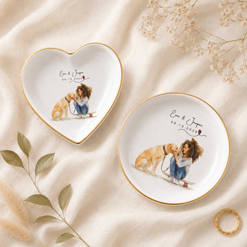 Personalized Dog and Owner Watercolor Trinket Dish with Custom Text, Dog Lover Jewelry Keepsake Gift