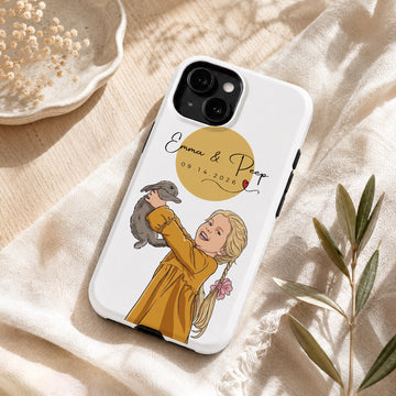 Tough Phone Case for iPhone & Samsung, Personalized Pet and Owner Photo Illustration Case with Custom Text