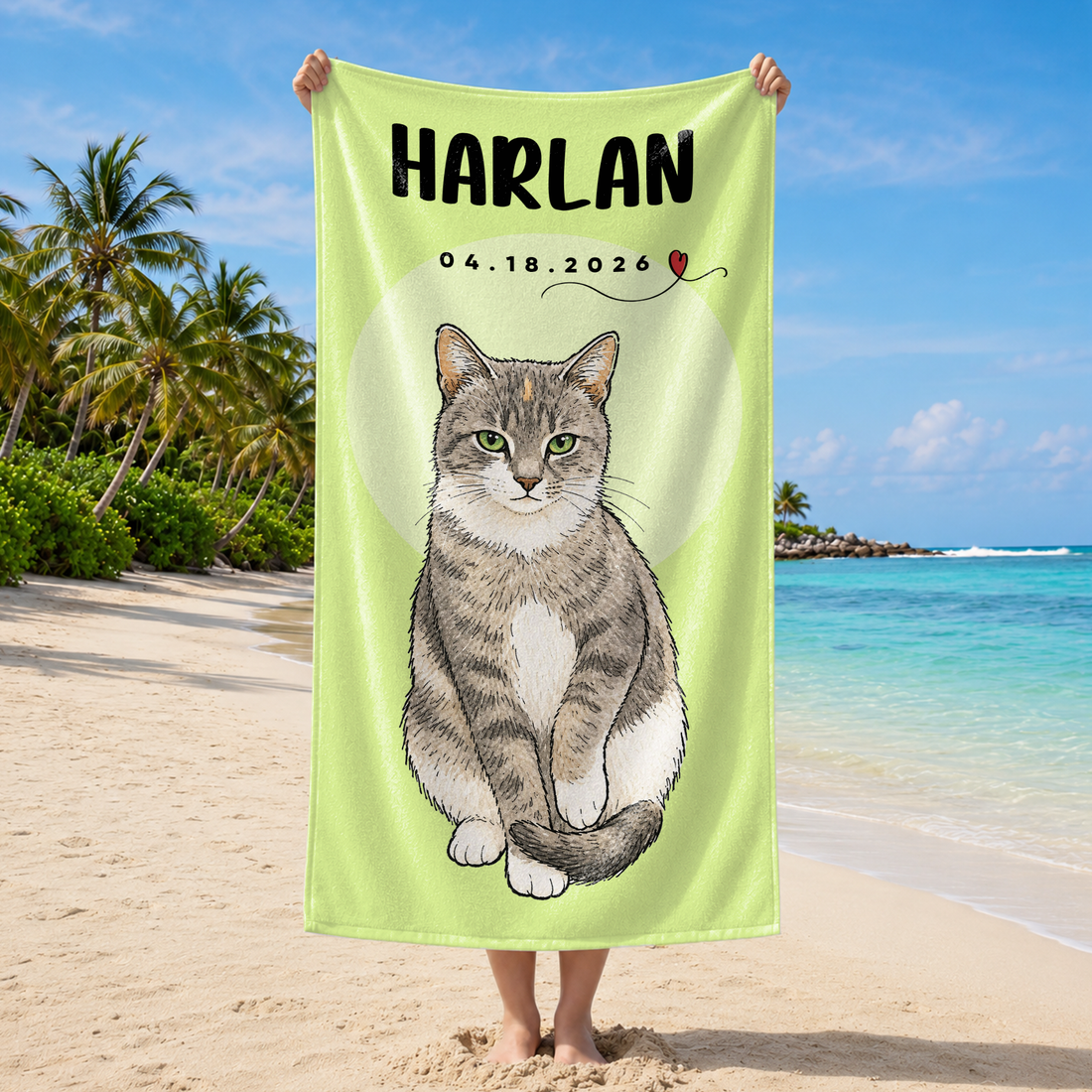 Personalized Pet Sketch Doodle Beach Towel with Custom Text, Fun Dog or Cat Summer Gift
