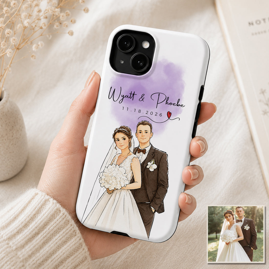 Tough Phone Case for iPhone & Samsung, Personalized Wedding Watercolor Doodle Photo Case with Custom Text