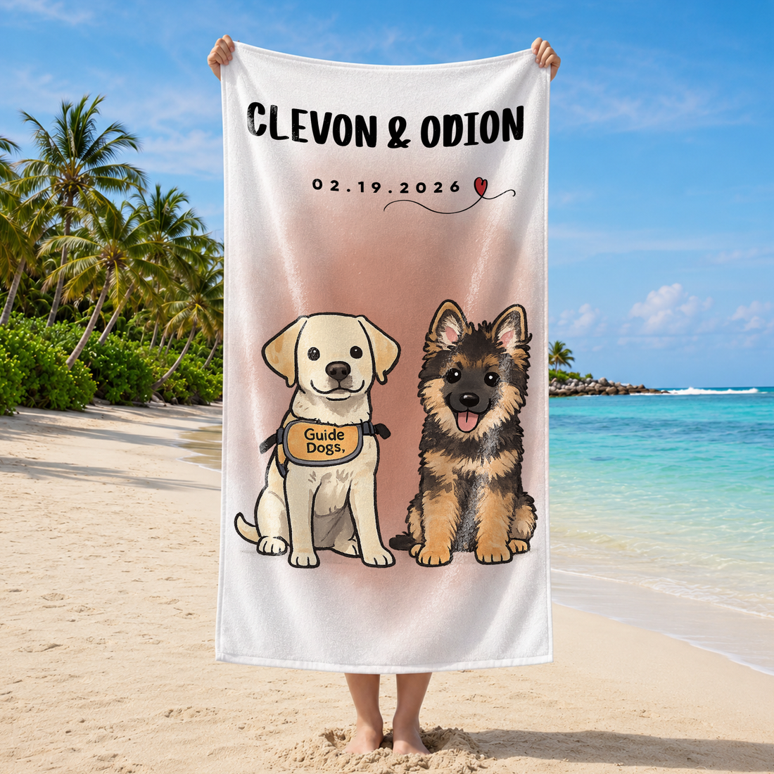 Custom Pet Portrait Funny Doodle Beach Towel with Personalized Text, Playful Dog or Cat Summer Gift