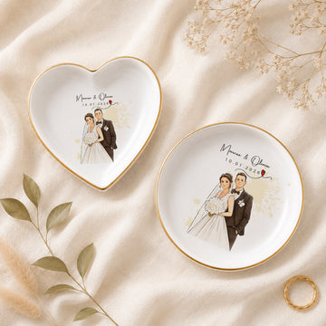 Personalized Wedding Watercolor Doodle Trinket Dish with Custom Text, Romantic Couple Ring Holder Keepsake Gift