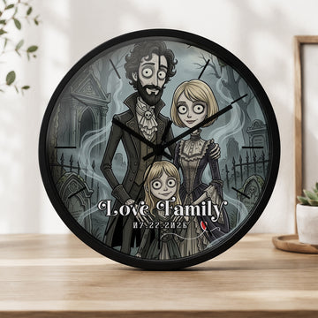 Personalized Family Gothic Wall Clock with Custom Text, Custom Family Portrait Home Decor Gift