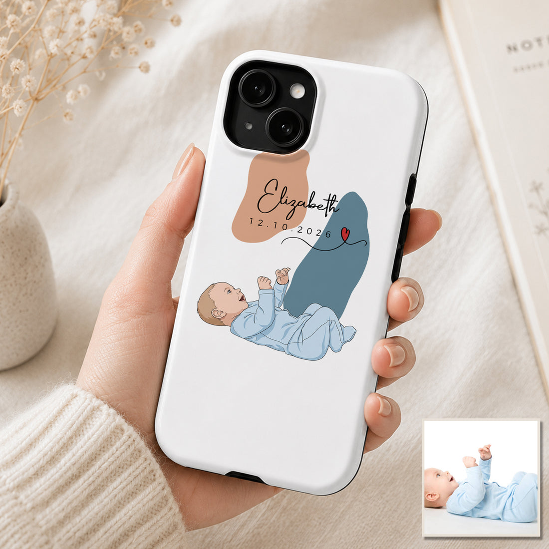 Tough Phone Case for iPhone & Samsung, Personalized Baby Photo Illustration Case with Custom Text