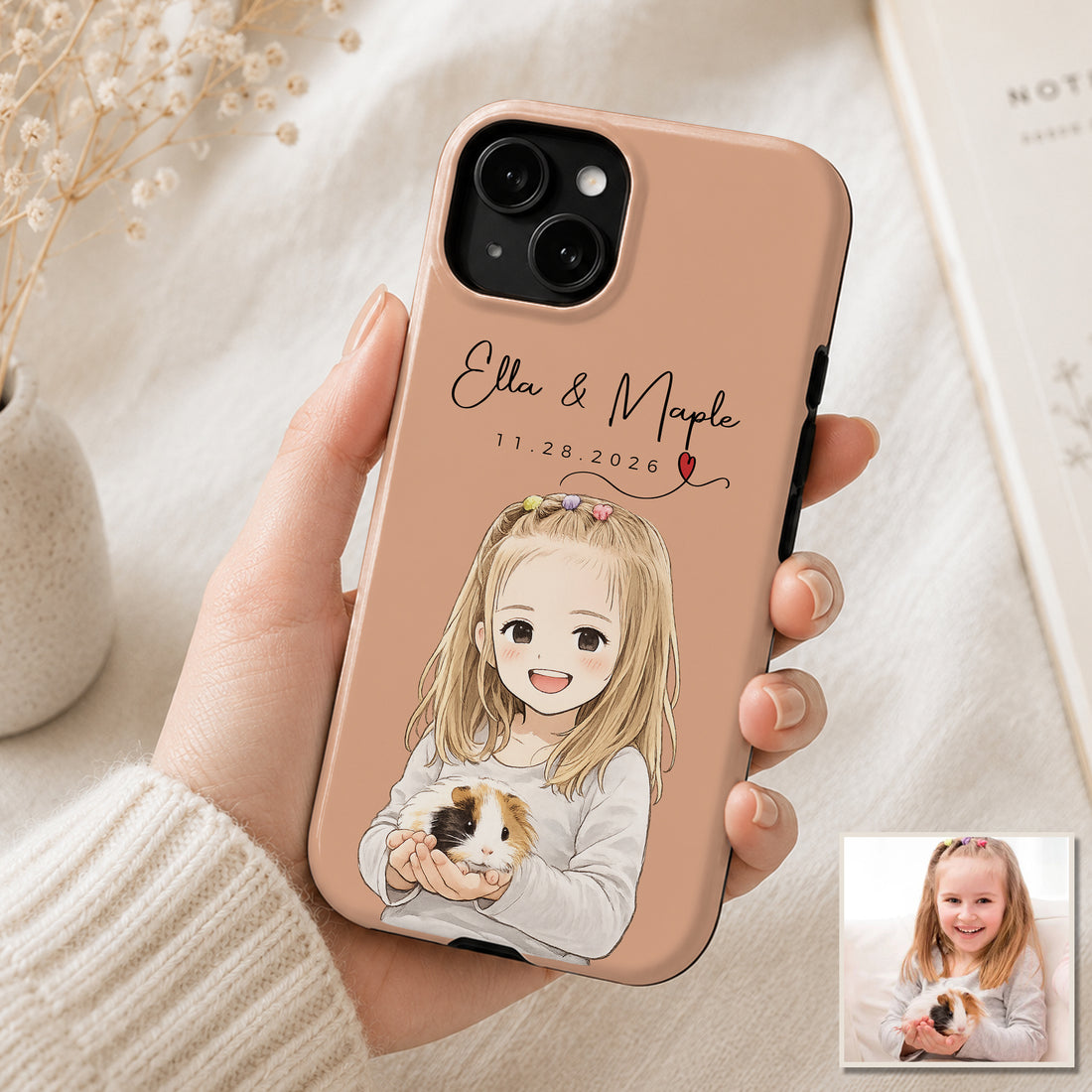 Tough Phone Case for iPhone & Samsung, Personalized Pet and Owner Anime Illustration Case with Custom Text