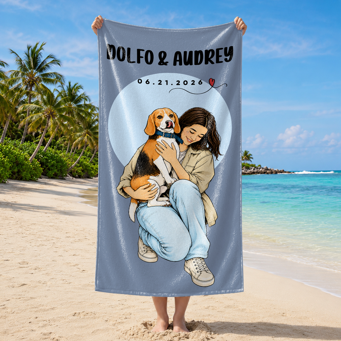 Custom Pet and Owner Sketch Doodle Beach Towel with Personalized Text, Summer Photo Gift for Pet Lovers