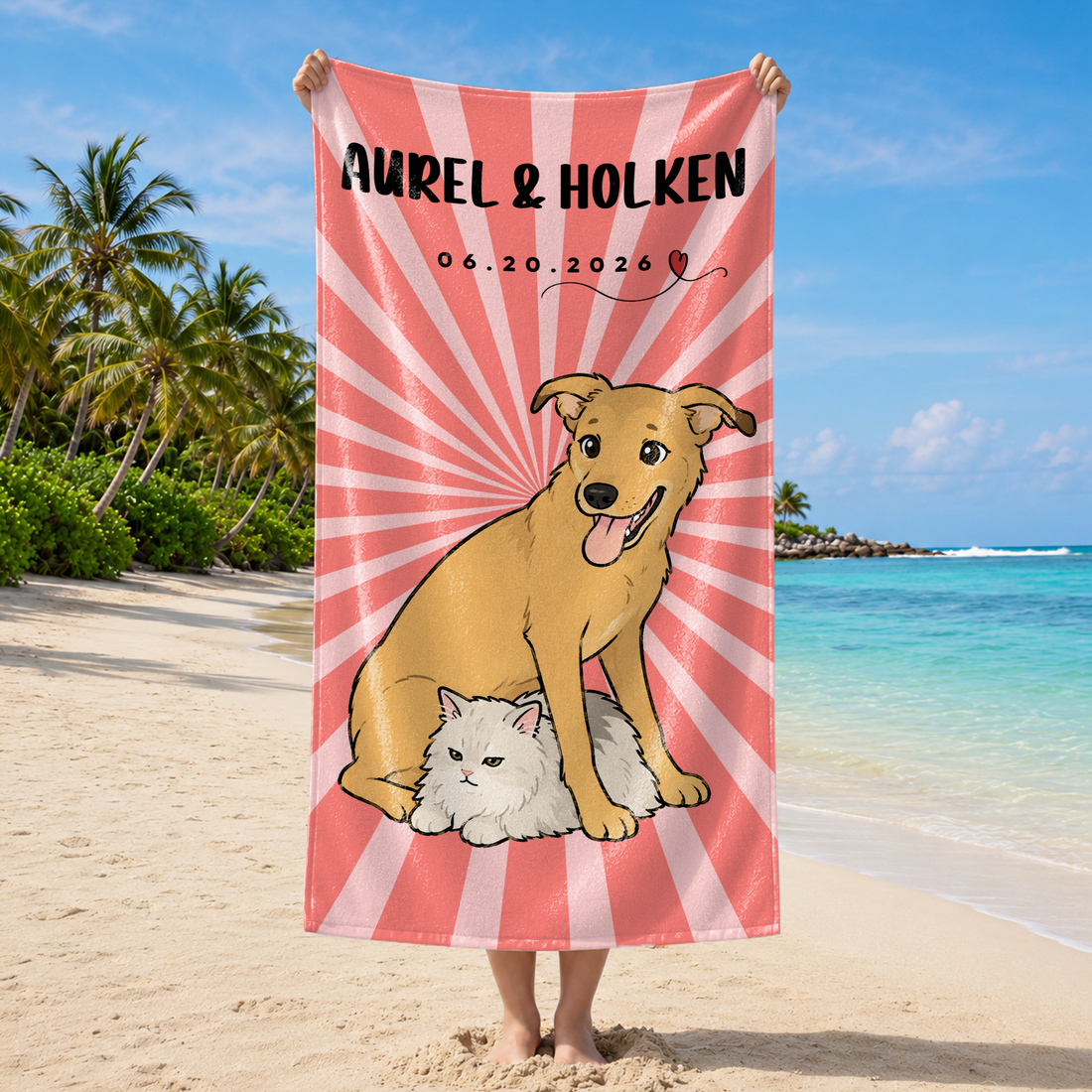 Personalized Pet Photo Funny Doodle Beach Towel with Custom Text, Fun Summer Gift for Dog or Cat Lovers