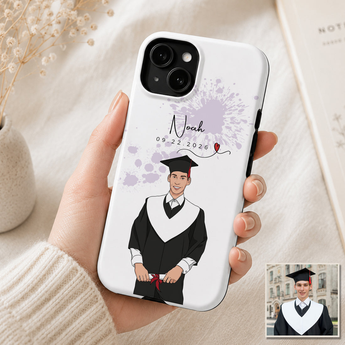 Tough Phone Case for iPhone & Samsung, Personalized Graduation Photo Illustration Case with Custom Text