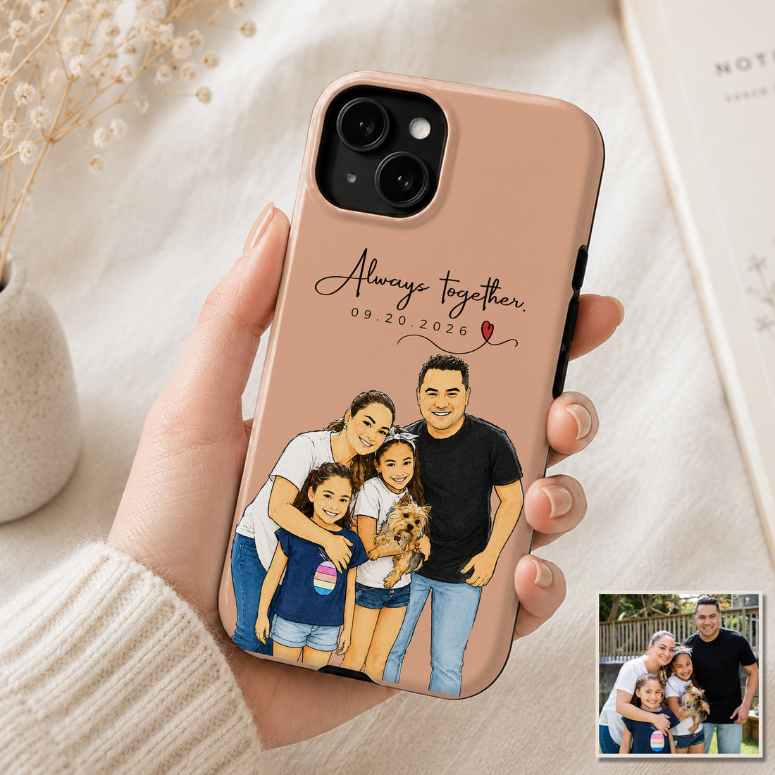 Tough Phone Case for iPhone & Samsung, Personalized Big Family Watercolor Doodle Photo Case with Custom Text
