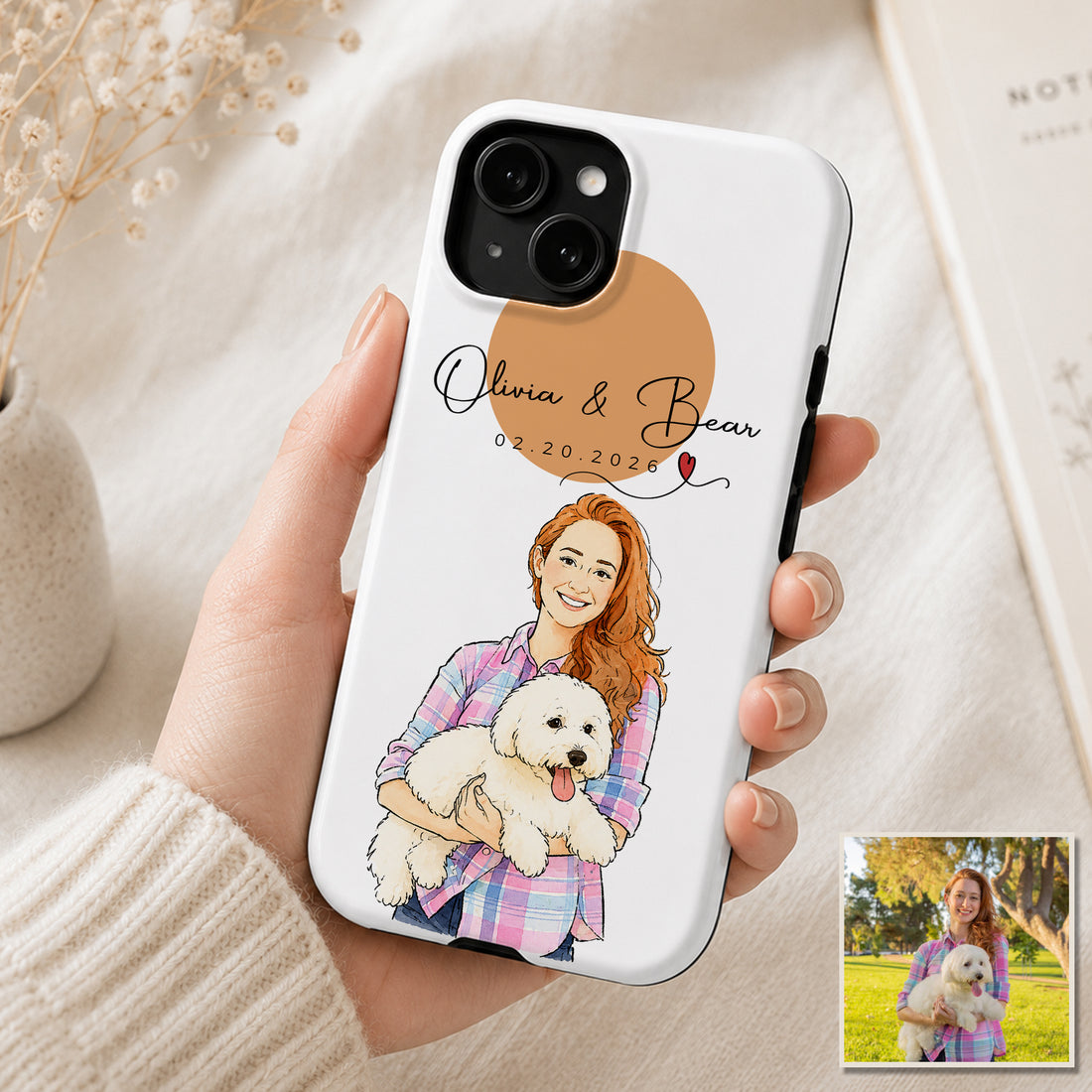 Tough Phone Case for iPhone & Samsung, Personalized Dog Owner Watercolor Doodle Photo Case with Custom Text