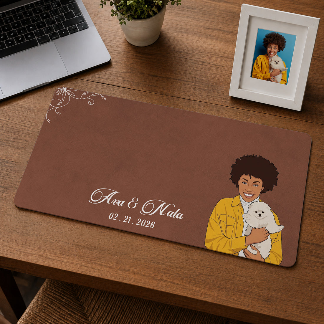 Custom Pet & Owner Photo Illustration Desk Mat with Personalized Text, Custom Pet Parent Desk Decor Gift