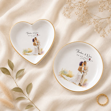 Personalized Wedding and Engagement Watercolor Trinket Dish with Custom Text, Romantic Couple Ring Holder Keepsake Gift