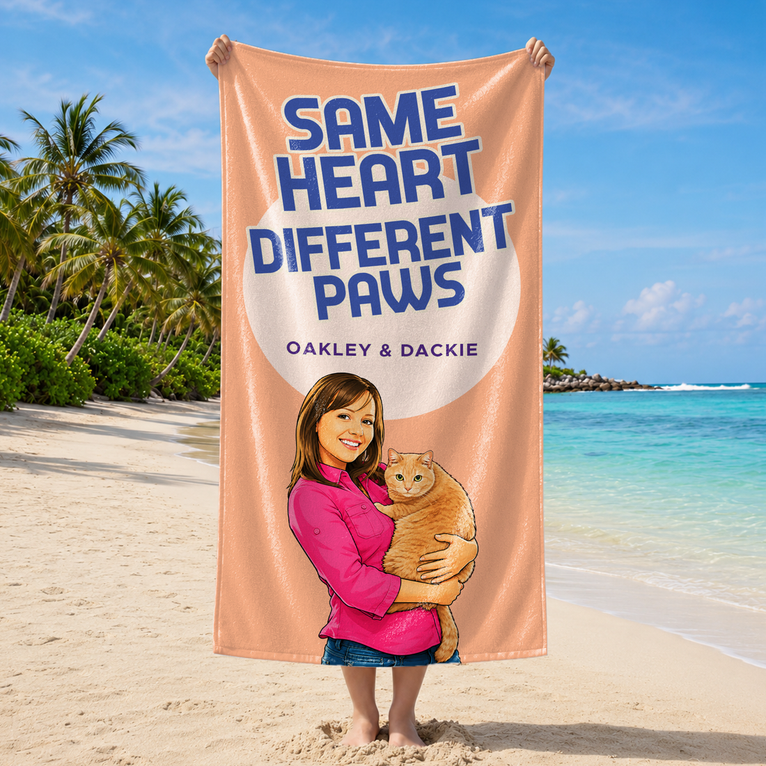 Personalized Pet and Owner Pop Art Beach Towel with Custom Text, Vibrant Photo Keepsake for Pet Lovers