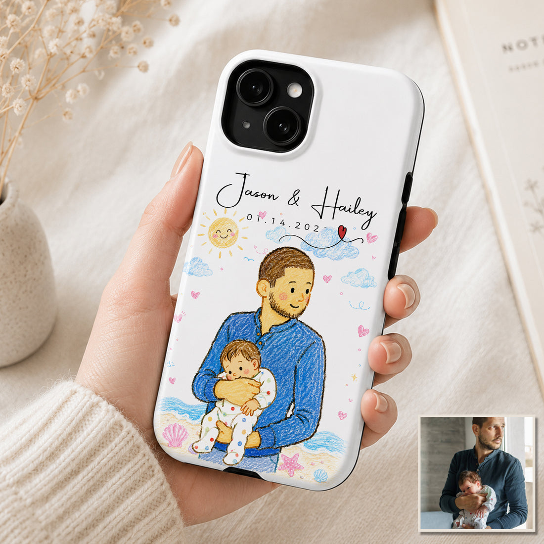 Tough Phone Case for iPhone & Samsung, Personalized Baby With Dad Crayon Doodle Photo Case with Custom Text