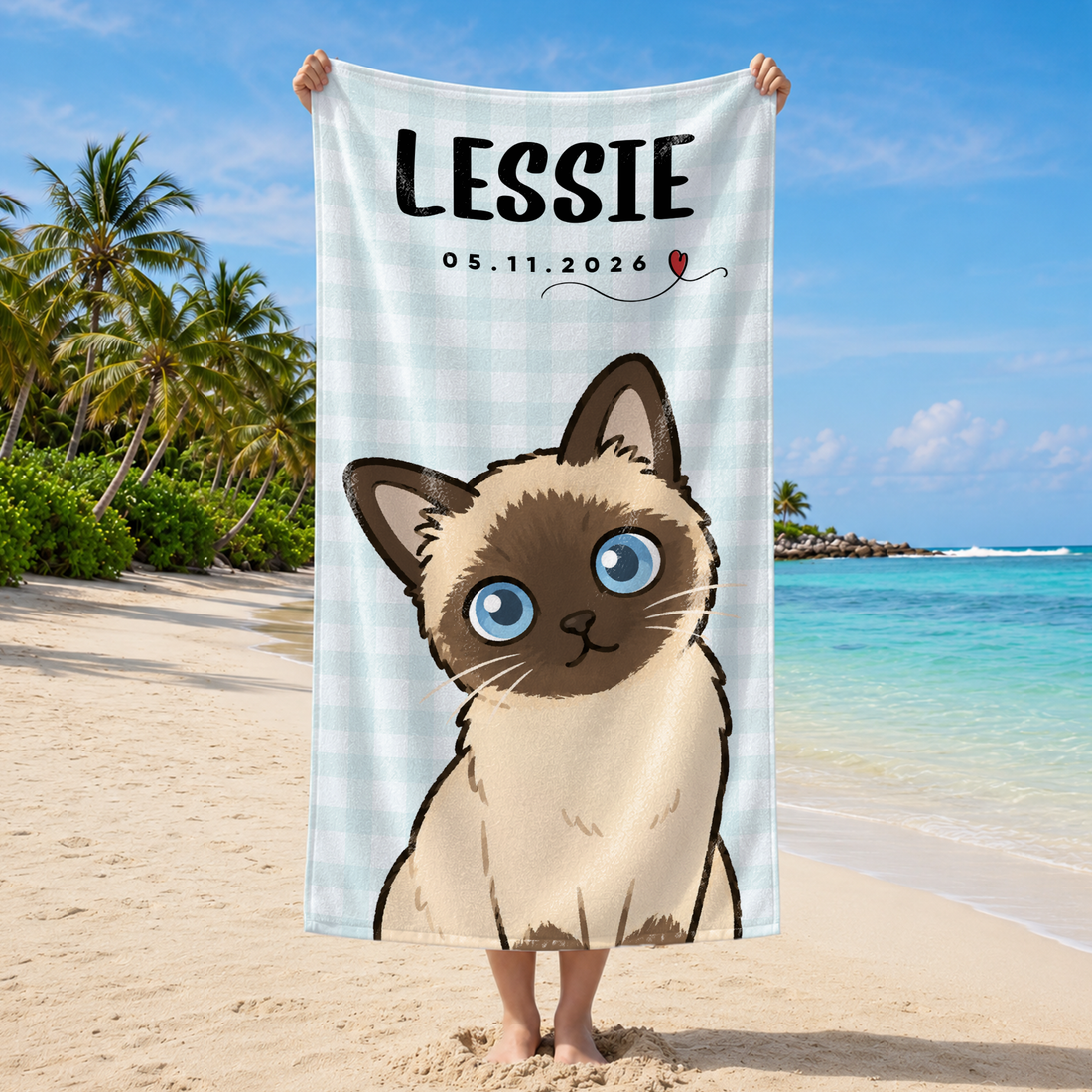 Personalized Pet Funny Doodle Beach Towel with Custom Text, Cute Dog or Cat Summer Gift