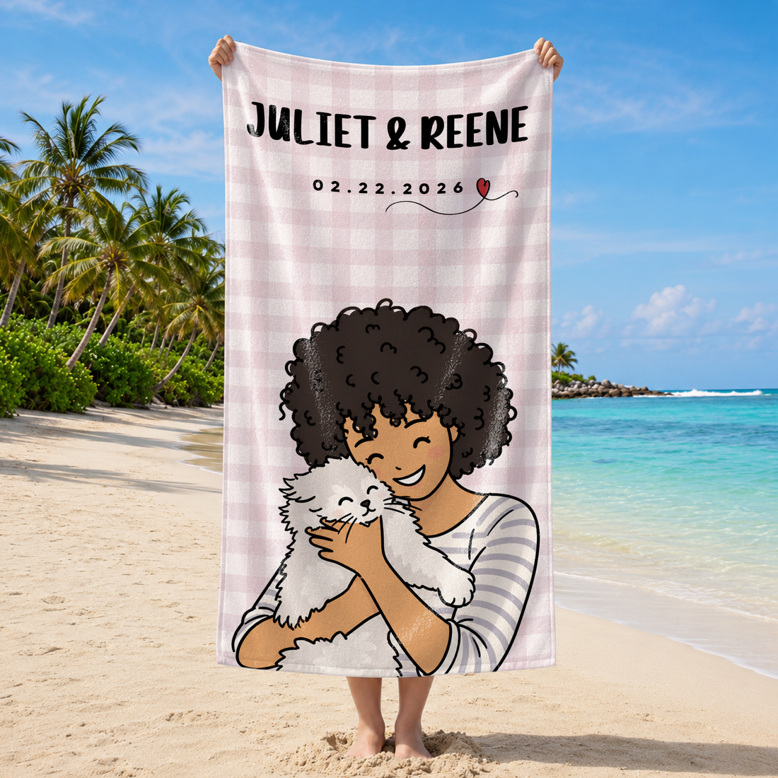 Personalized Pet and Owner Funny Doodle Beach Towel with Custom Text, Cute Summer Gift for Pet Lovers