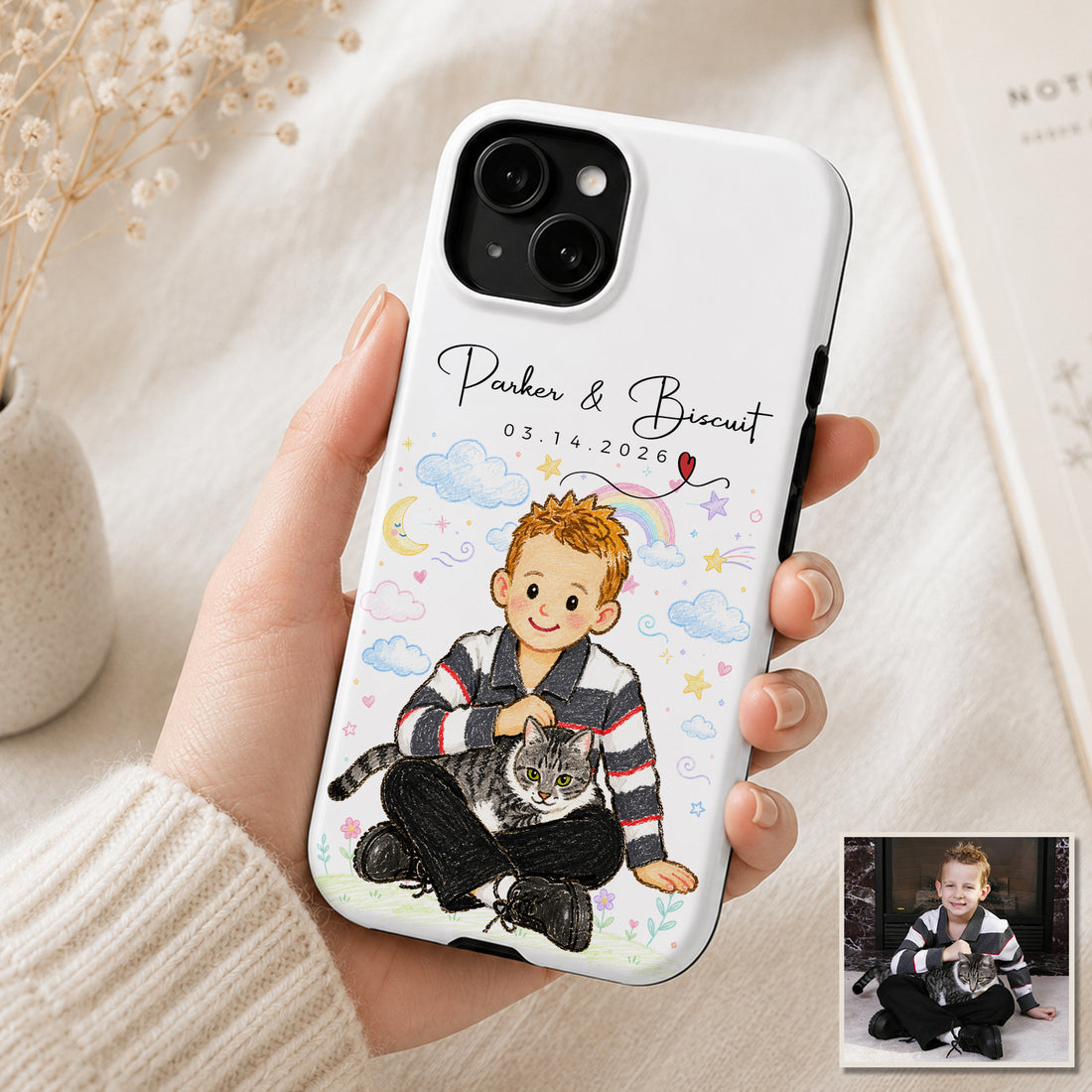 Tough Phone Case for iPhone & Samsung, Personalized Pet and Owner Crayon Doodle Photo Case with Custom Text
