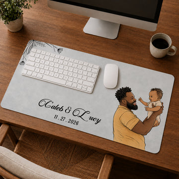 Personalized Baby With Dad Photo Sketch Doodle Desk Mat with Custom Text, Custom First Time Dad Desk Pad Gift