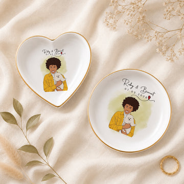 Custom Pet and Owner Photo Illustration Trinket Dish with Personalized Text, Pet Lover Jewelry Keepsake Gift