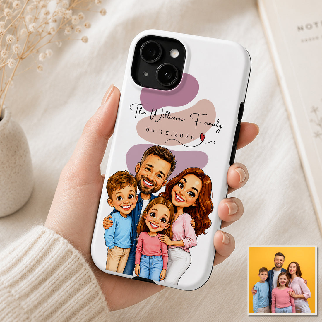 Tough Phone Case for iPhone & Samsung, Personalized Family Caricature Photo Case with Custom Text