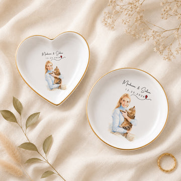 Personalized Cat and Owner Watercolor Trinket Dish with Custom Text, Cat Lover Jewelry Keepsake Gift