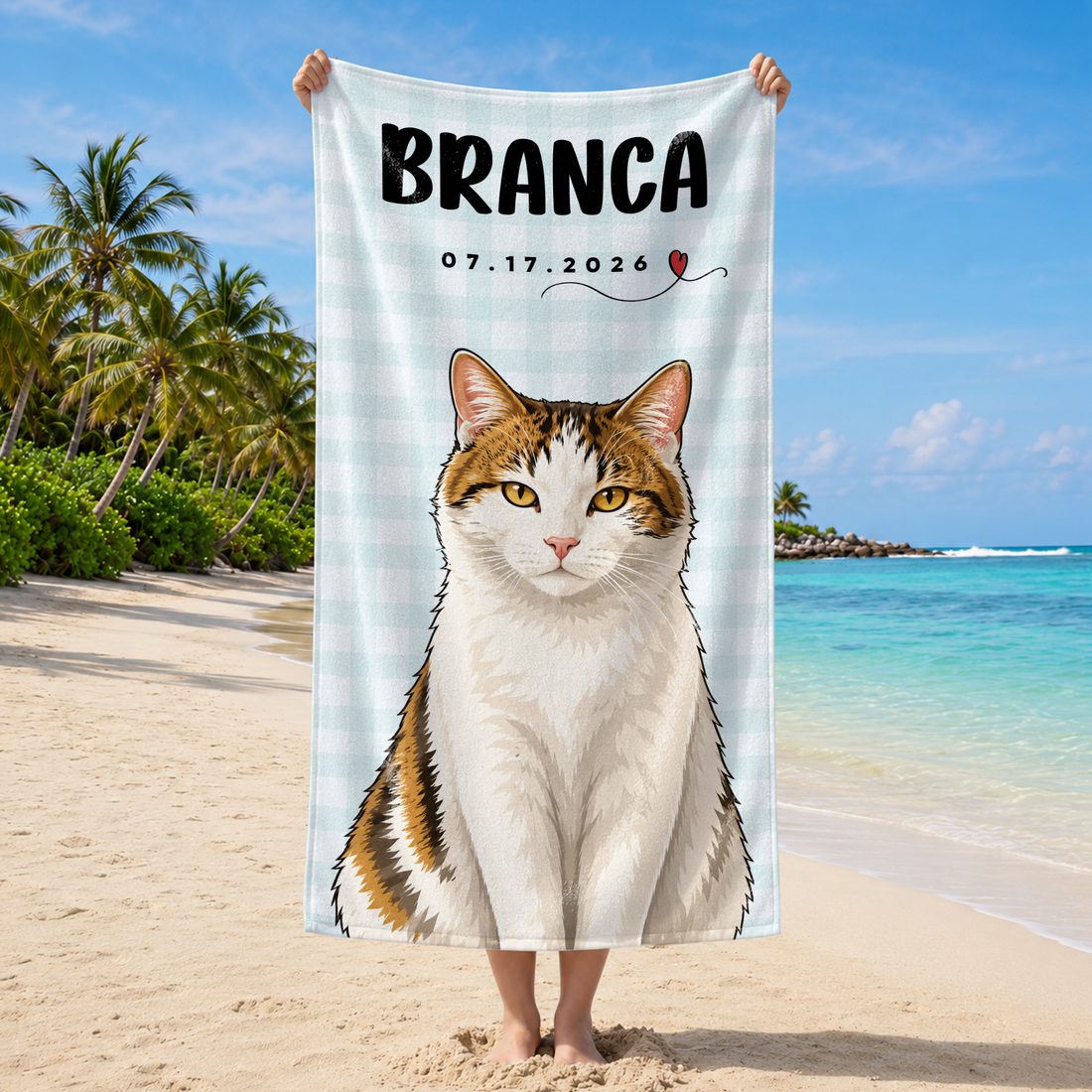 Custom Pet Portrait Pop Art Beach Towel with Personalized Text, Bright Dog or Cat Summer Keepsake Gift