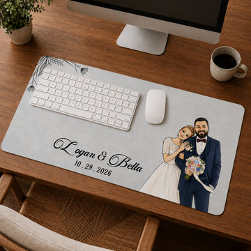 Personalized Wedding Photo Sketch Doodle Desk Mat with Custom Text, Custom Bride and Groom Desk Pad Gift