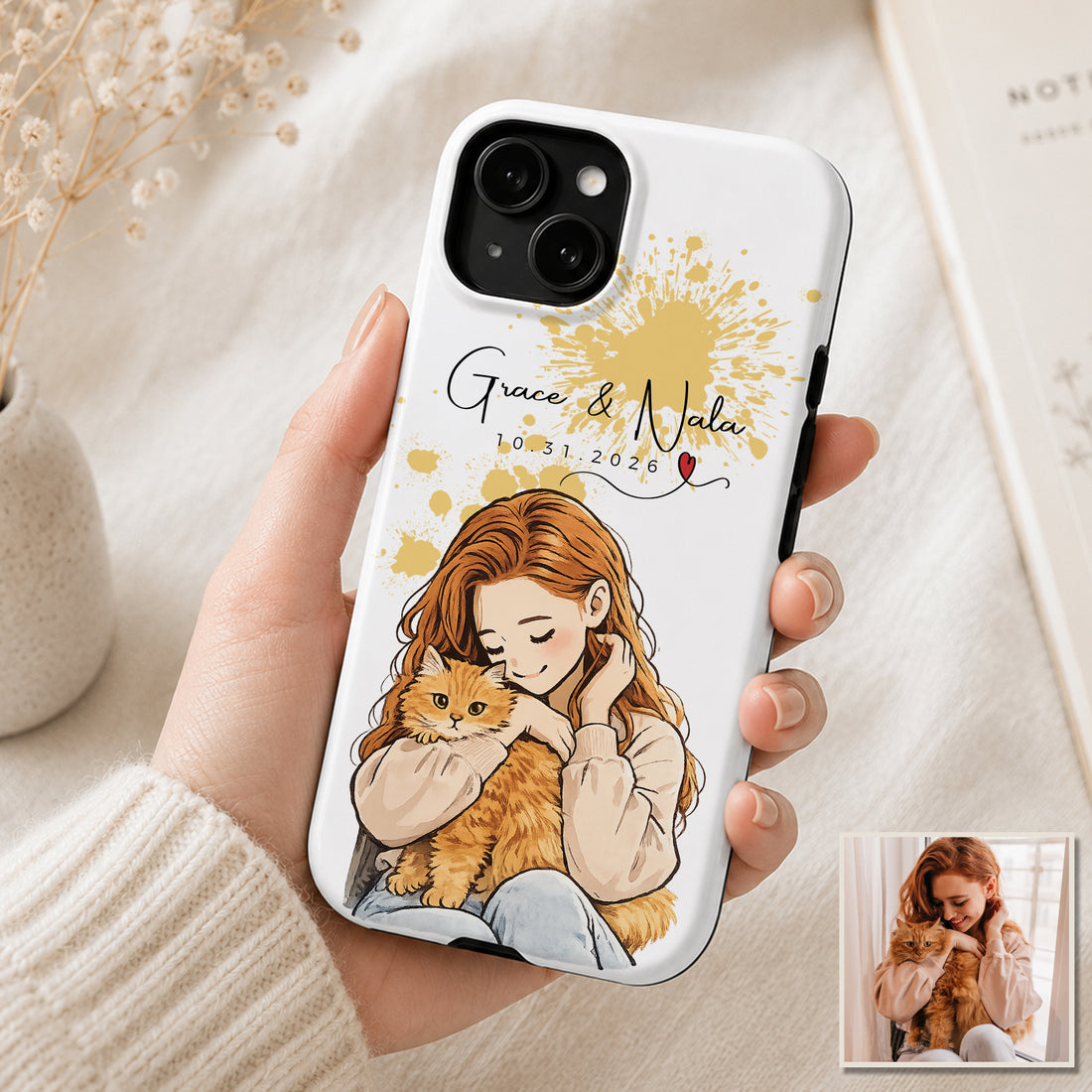 Tough Phone Case for iPhone & Samsung, Custom Pet & Owner Anime Illustration Case with Personalized Text