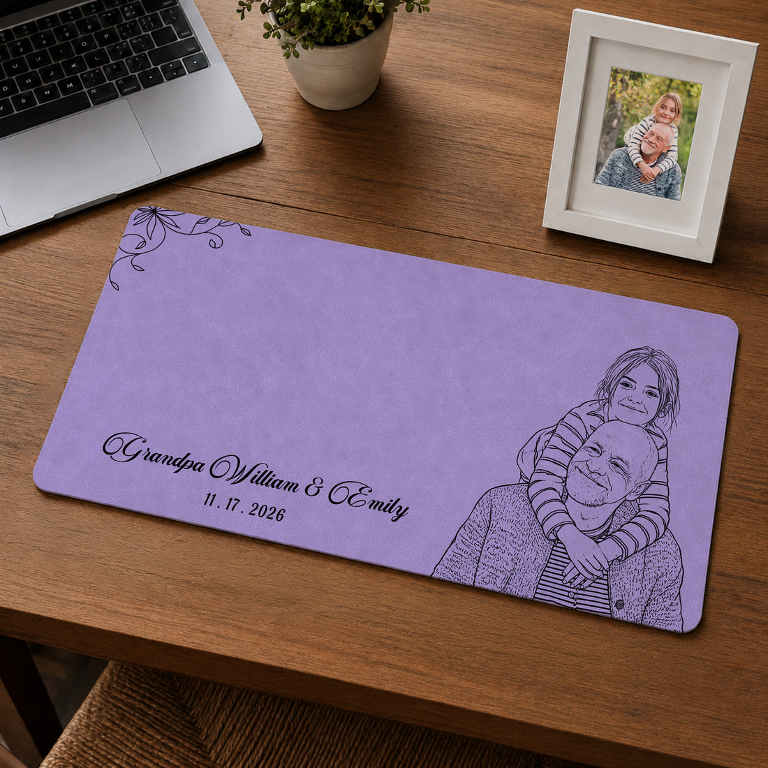 Personalized Family Detailed Line Art Desk Mat with Custom Text, Custom Grandpa Dad Big Family Desk Pad Gift