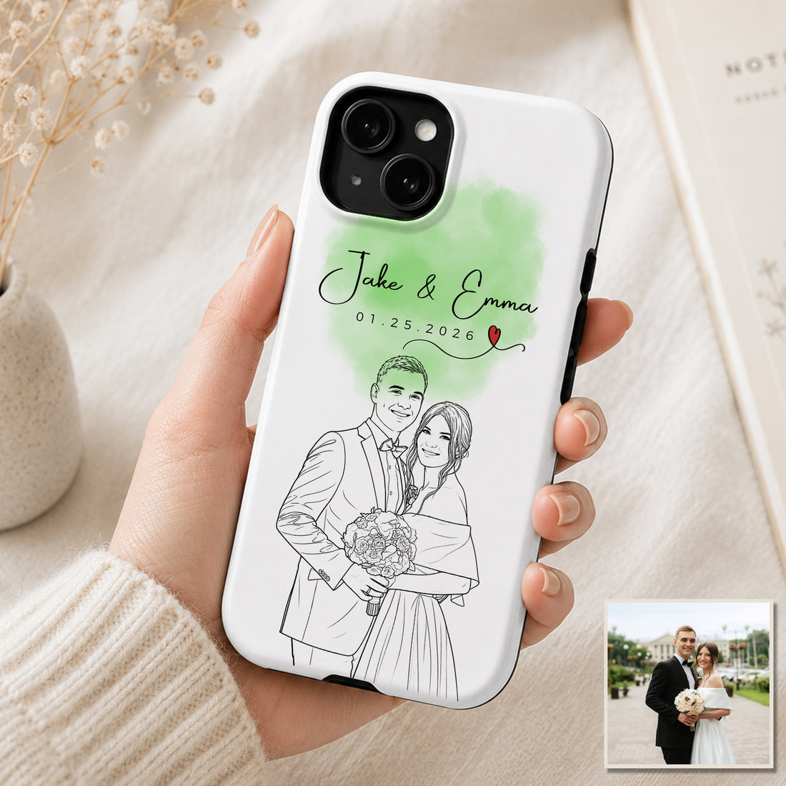 Tough Phone Case for iPhone & Samsung, Personalized Wedding Detailed Line Art Photo Case with Custom Text