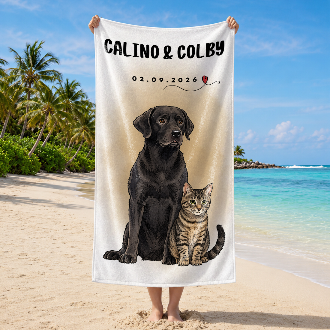 Personalized Pet Photo Sketch Doodle Beach Towel with Custom Text, Custom Dog Cat Summer Gift