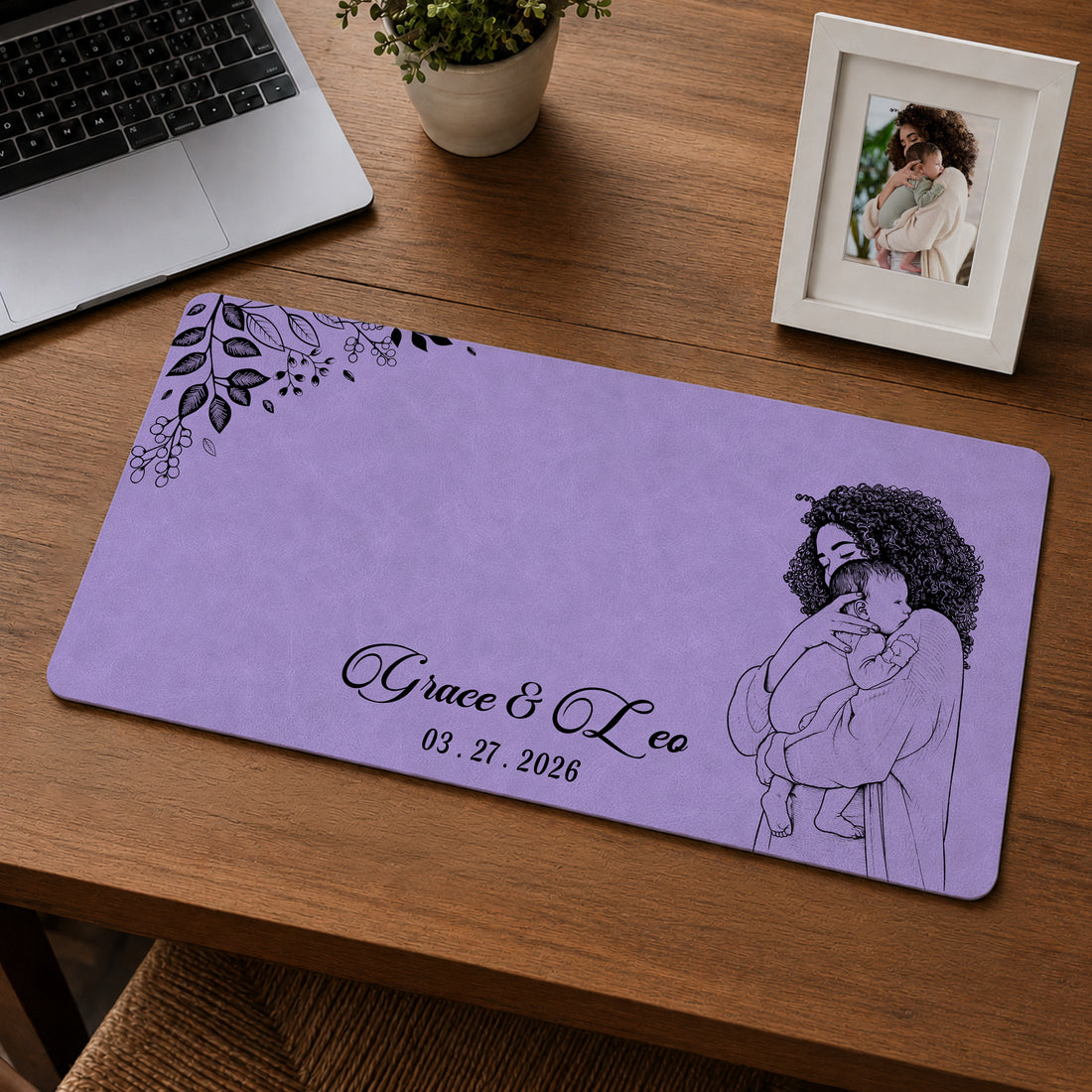 Personalized Baby With Mom Detailed Line Art Desk Mat with Custom Text, Custom First Time Mother Desk Pad Gift
