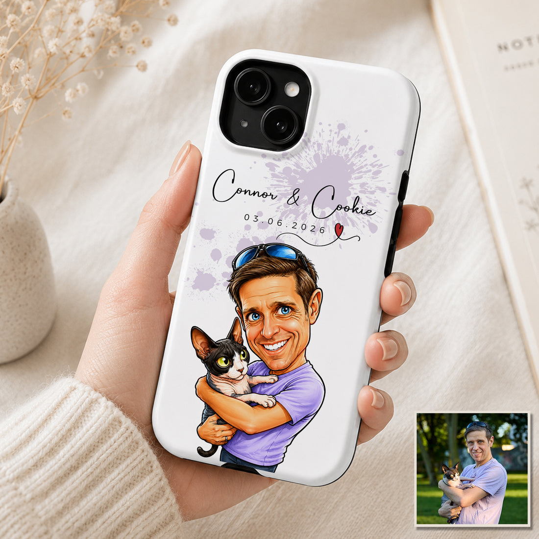 Tough Phone Case for iPhone & Samsung, Personalized Pet and Owner Caricature Photo Case with Custom Text