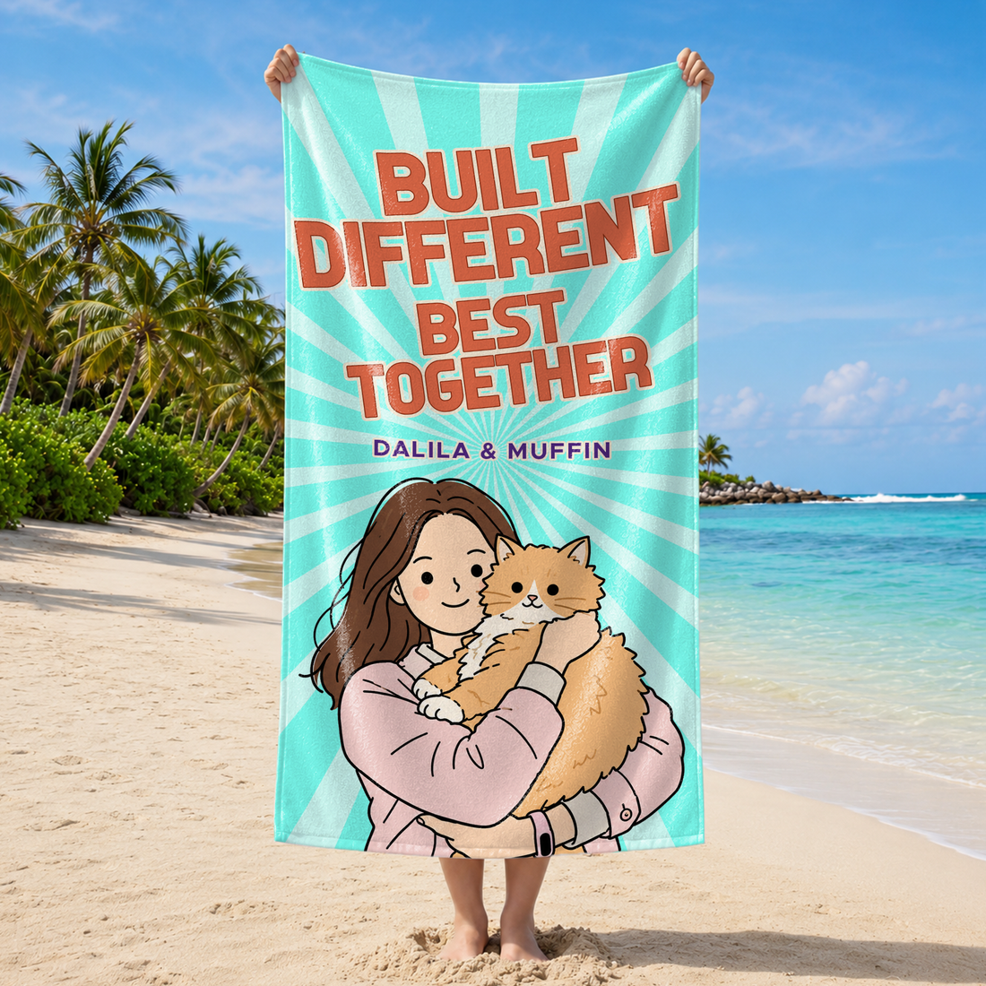 Personalized Pet and Owner Funny Doodle Beach Towel with Custom Text, Playful Summer Gift for Pet Parents